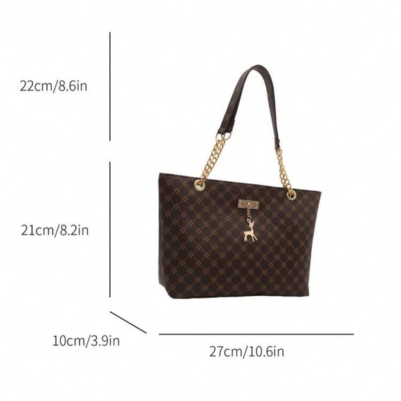 ⚠️Clearance Patterned Chain Shoulder Tote Bag Elegant Brown Gold Accent - Picture 3 of 9